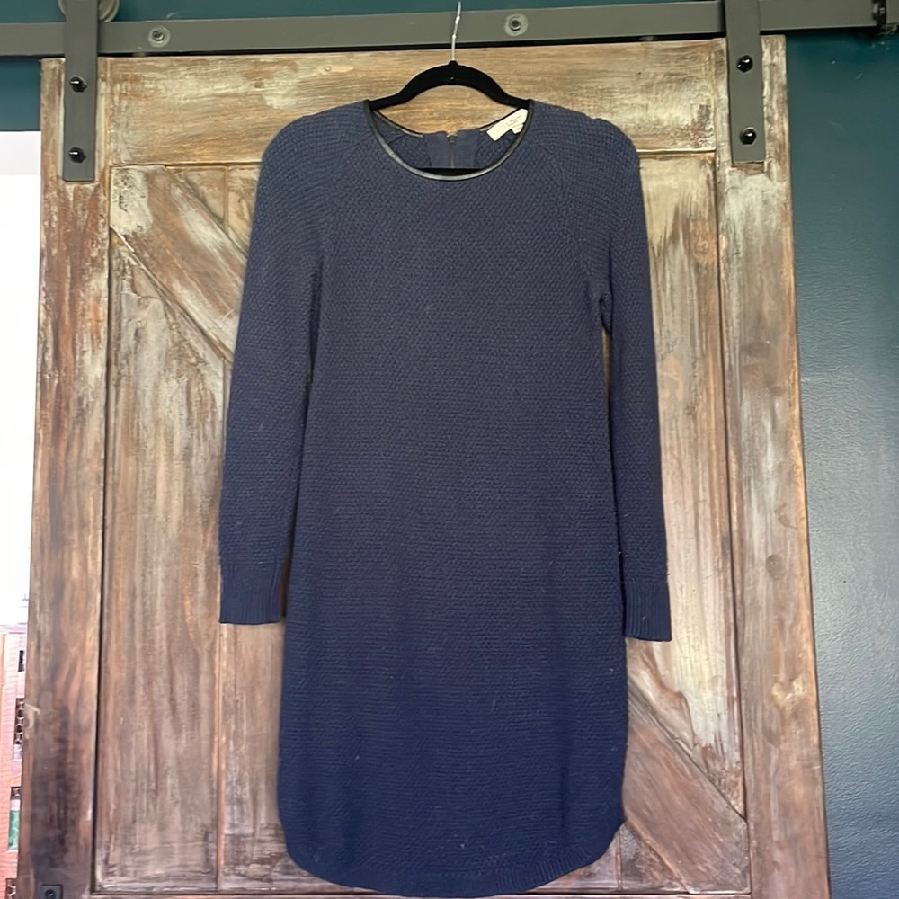 LOFT Navy Sweater Dress with leather collar